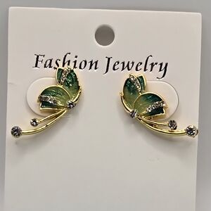 🦋 Butterfly Stud Earrings Goldtone w/ Enameled Wings & Rhinestone Accents New